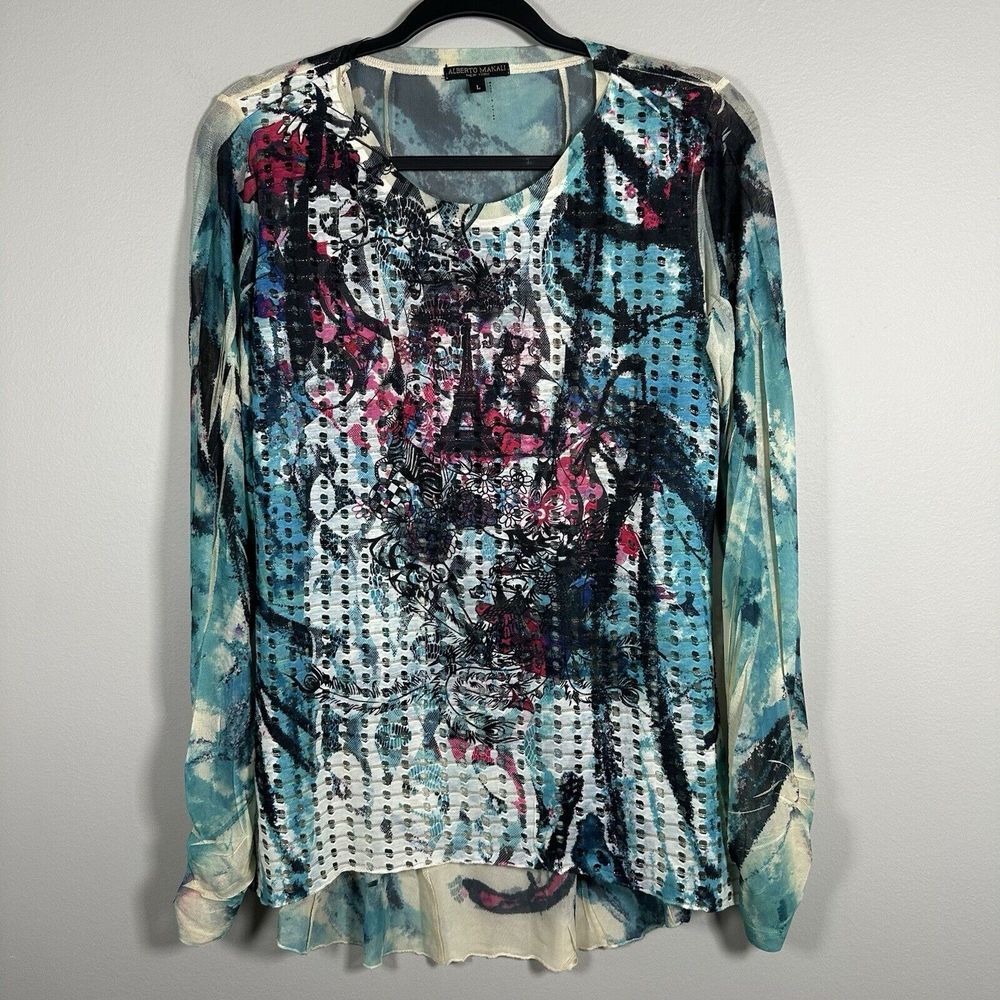 Alberto Makali Large‎ Ivory Metallic Hole Pattern Mesh Sheer Long Sleeve Blouse